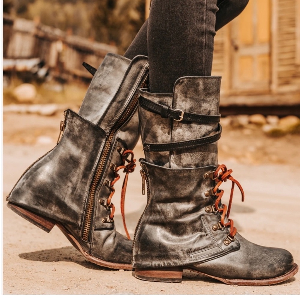 Freebird Ravi, Gray Black Vintage Moto Boots with Side Zipper - Picture 2 of 9